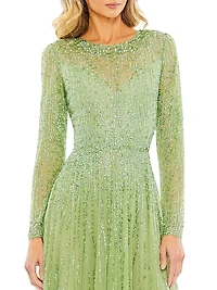 Sequined Long-Sleeve Illusion Gown