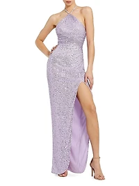 Gathered Sequined Halter Gown