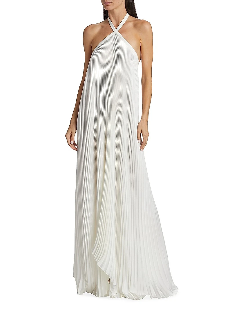 Asymmetric Pleated Halter Gown