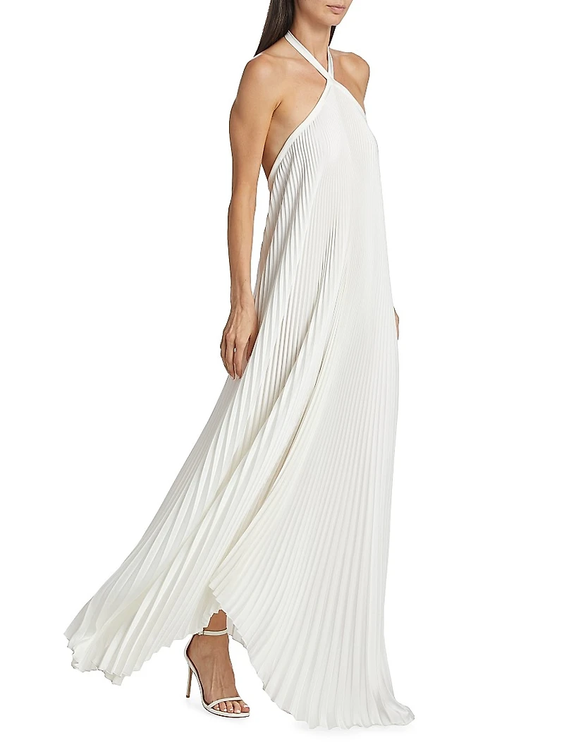Asymmetric Pleated Halter Gown