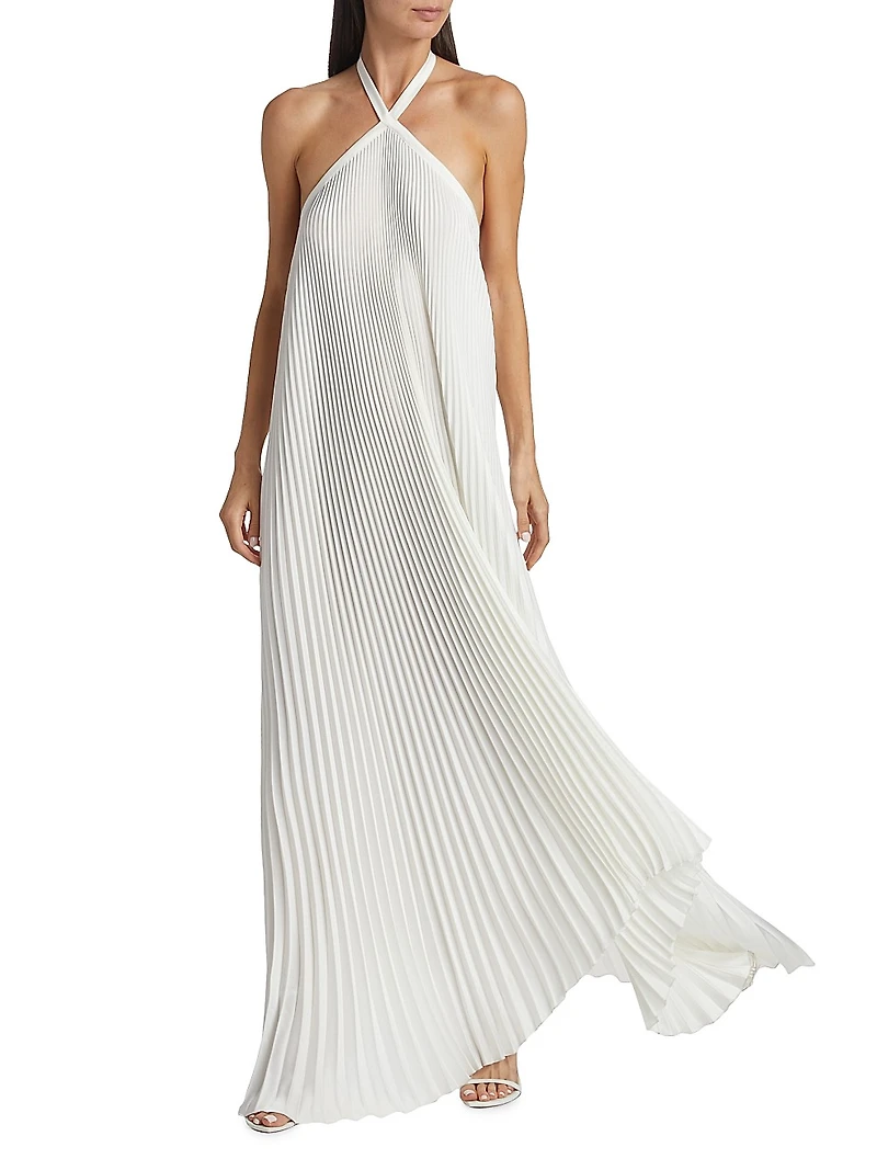 Asymmetric Pleated Halter Gown