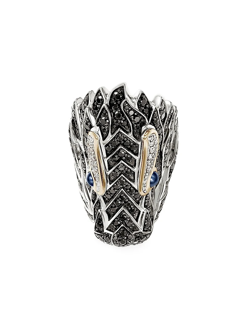 Naga Dragon Sterling Silver, 14K Yellow Gold & Multi-Gemstone Saddle Ring