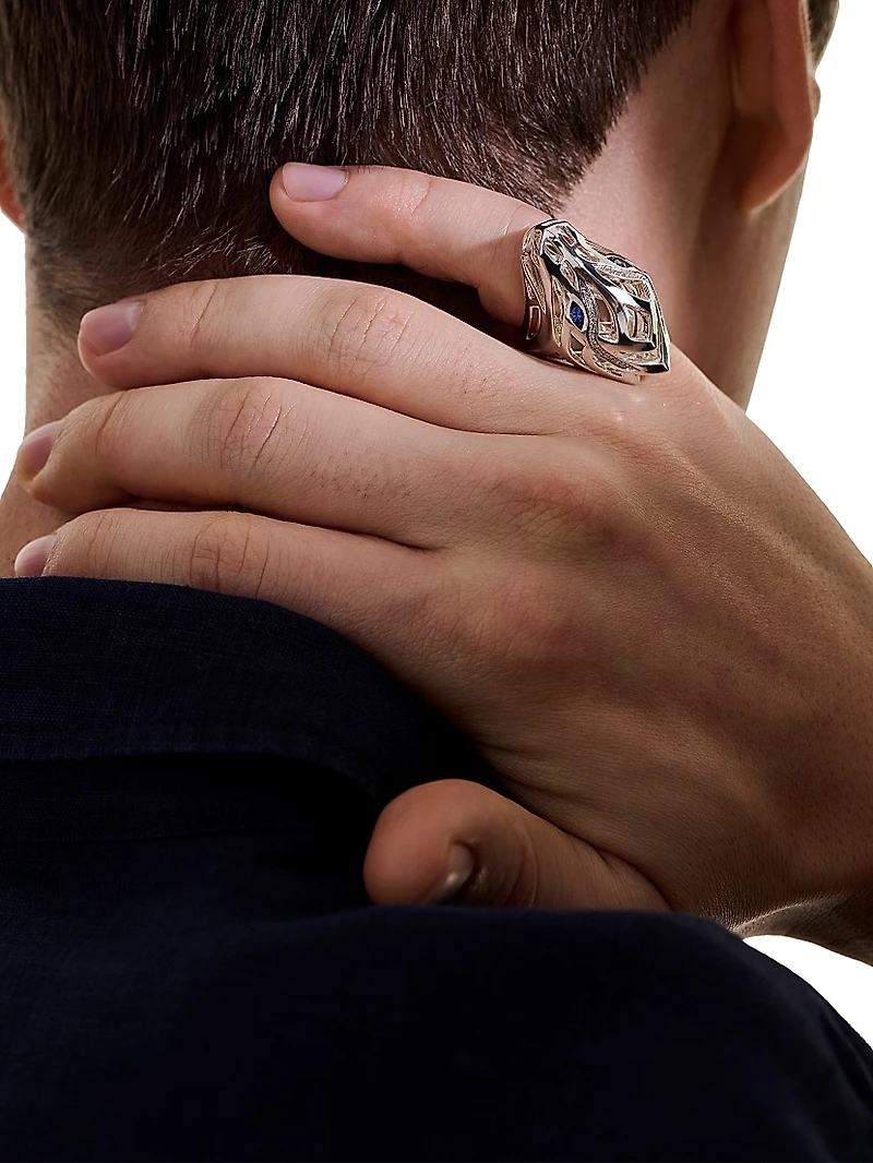 Naga Dragon Sterling Silver, 0.14 TCW Diamond & Blue Sapphire Saddle Ring