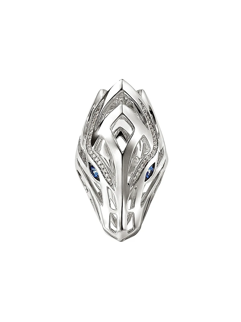Naga Dragon Sterling Silver, 0.14 TCW Diamond & Blue Sapphire Saddle Ring