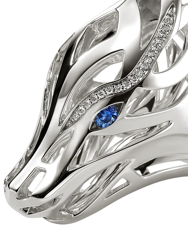 Naga Dragon Sterling Silver, 0.14 TCW Diamond & Blue Sapphire Saddle Ring