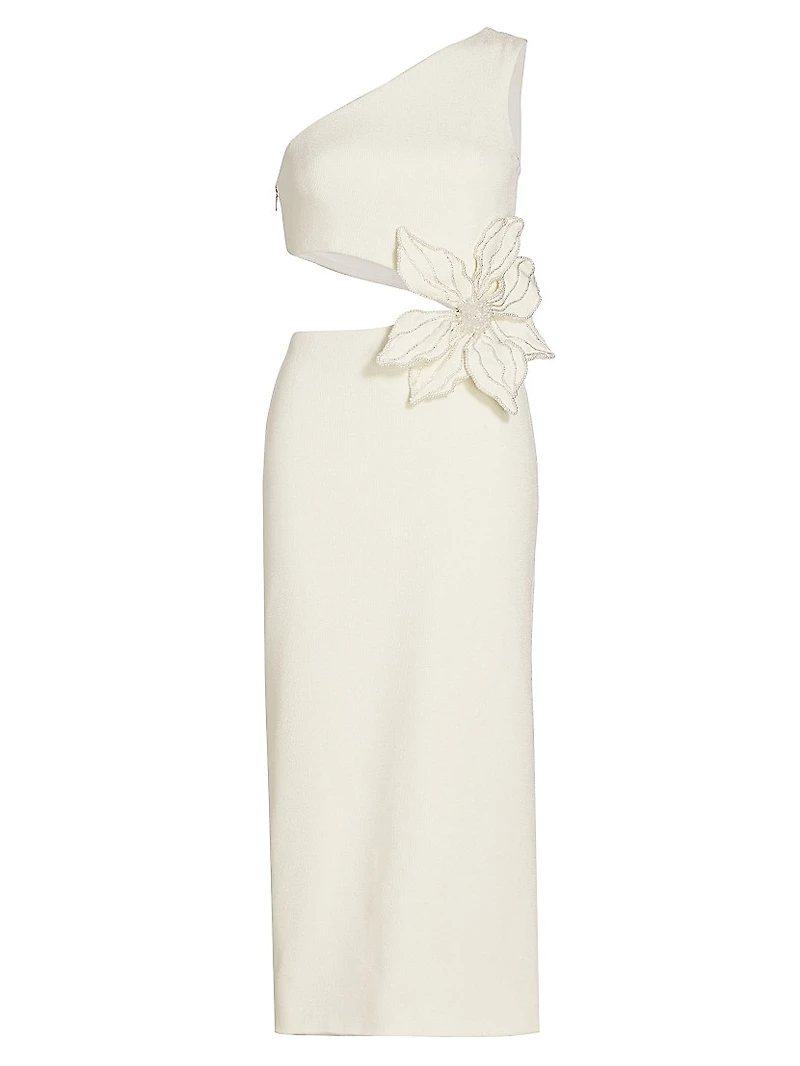 One-Shoulder Knit Appliqué Midi-Dress