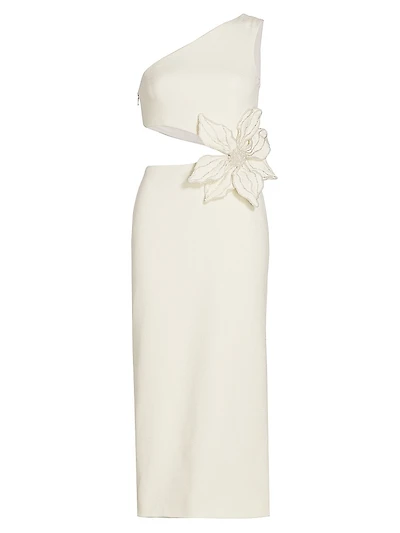 One-Shoulder Knit Appliqué Midi-Dress