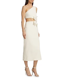 One-Shoulder Knit Appliqué Midi-Dress