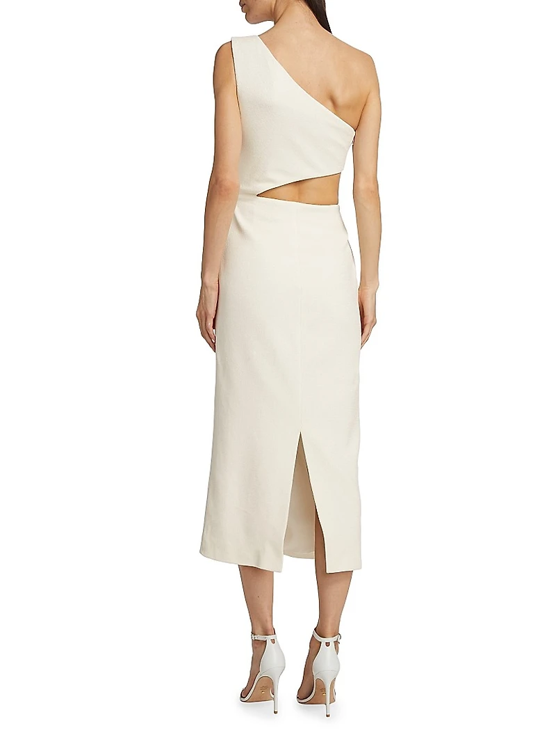 One-Shoulder Knit Appliqué Midi-Dress