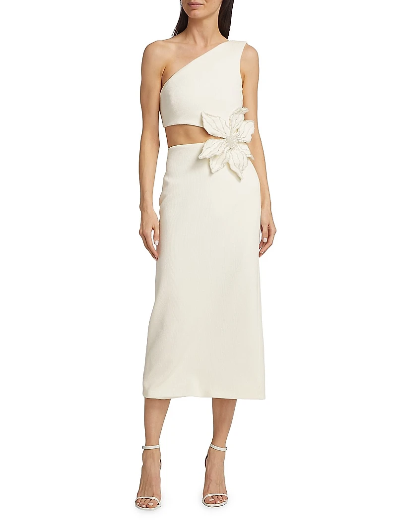 One-Shoulder Knit Appliqué Midi-Dress