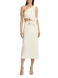 One-Shoulder Knit Appliqué Midi-Dress