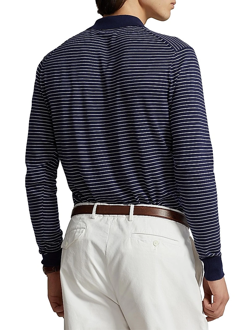Stripe Knit Long-Sleeve Polo Shirt