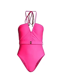 Belted Halter One-Piece Swimsuit