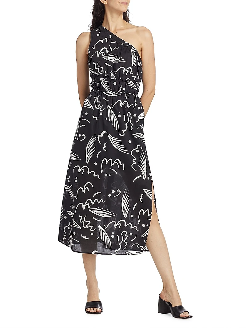 Selani Abstract One-Shoulder Midi-Dress