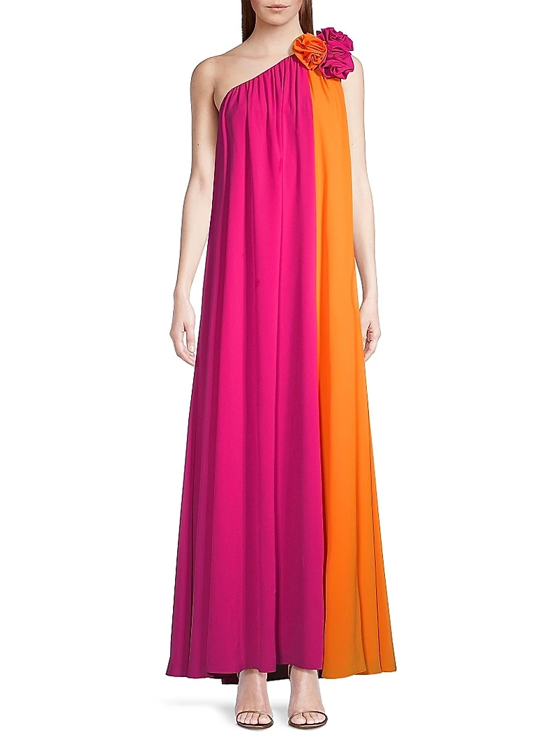 Asymmetric Colorblocked Crepe de Chine Maxi Dress