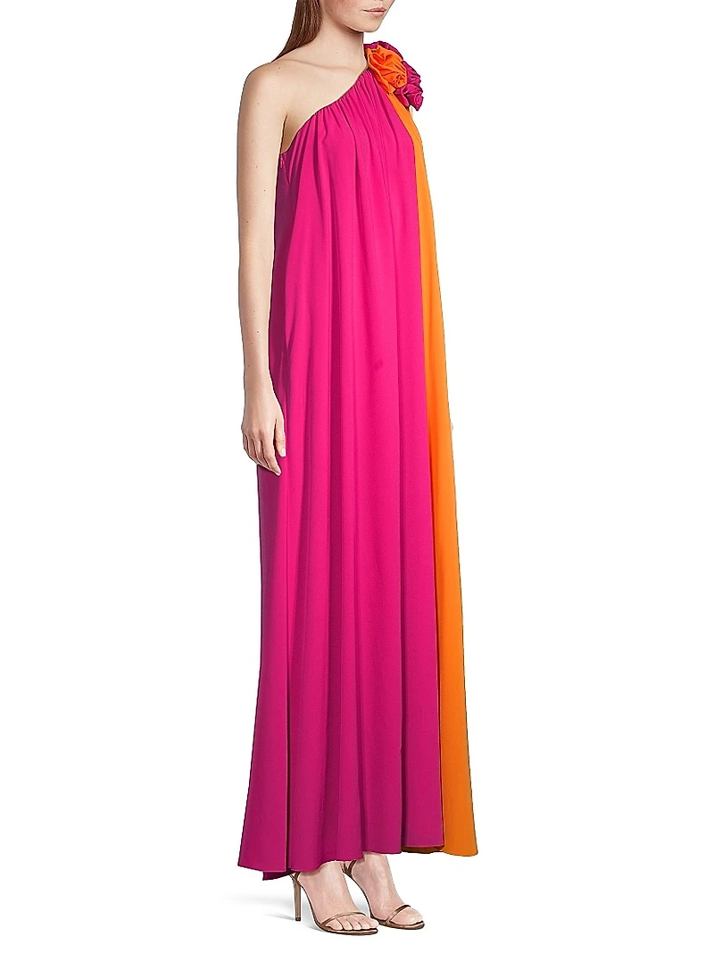 Asymmetric Colorblocked Crepe de Chine Maxi Dress