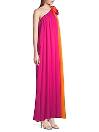 Asymmetric Colorblocked Crepe de Chine Maxi Dress
