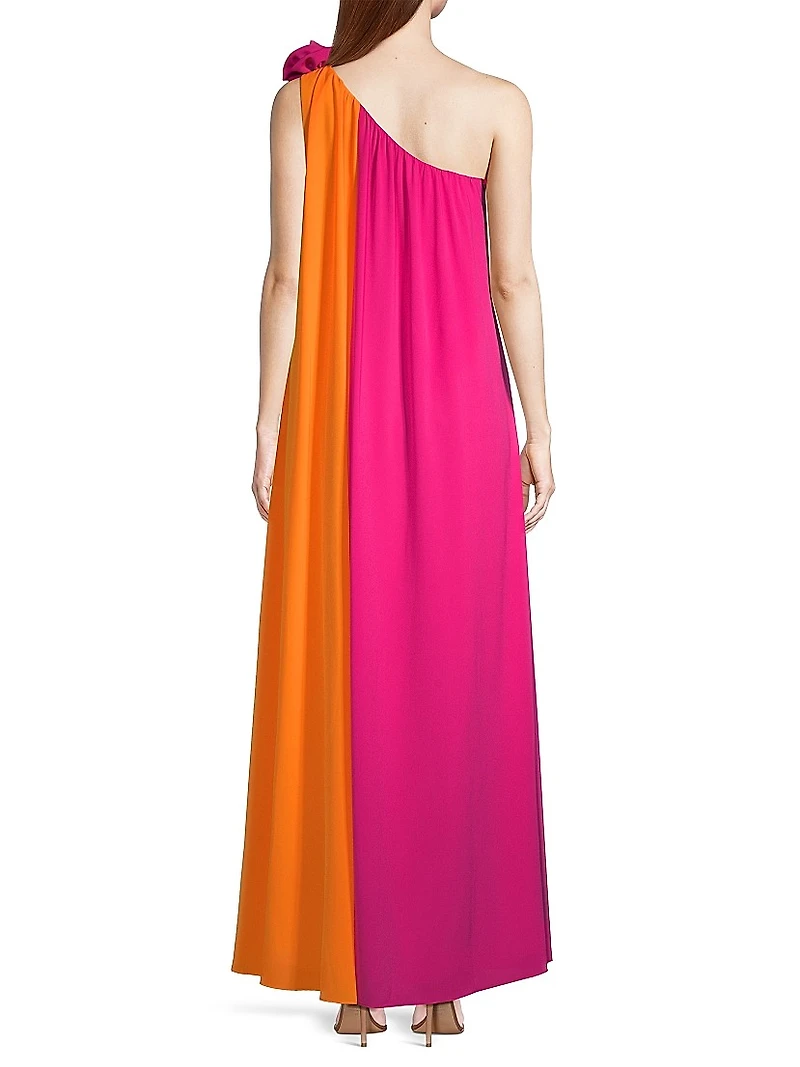Asymmetric Colorblocked Crepe de Chine Maxi Dress