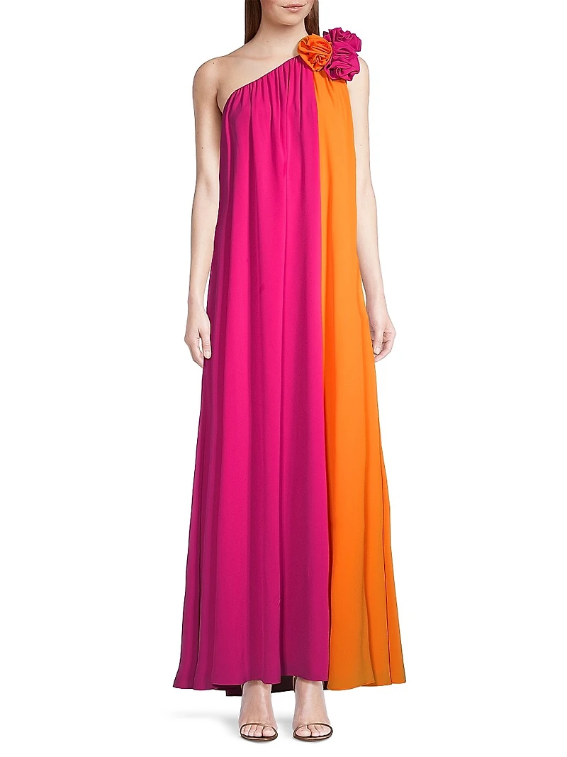 Asymmetric Colorblocked Crepe de Chine Maxi Dress