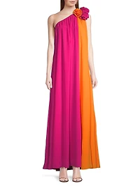 Asymmetric Colorblocked Crepe de Chine Maxi Dress