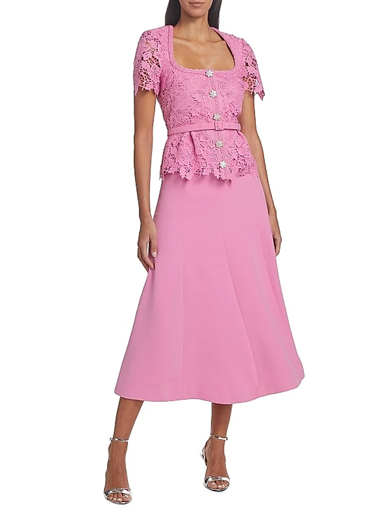 Mixed-Media Lace Midi-Dress