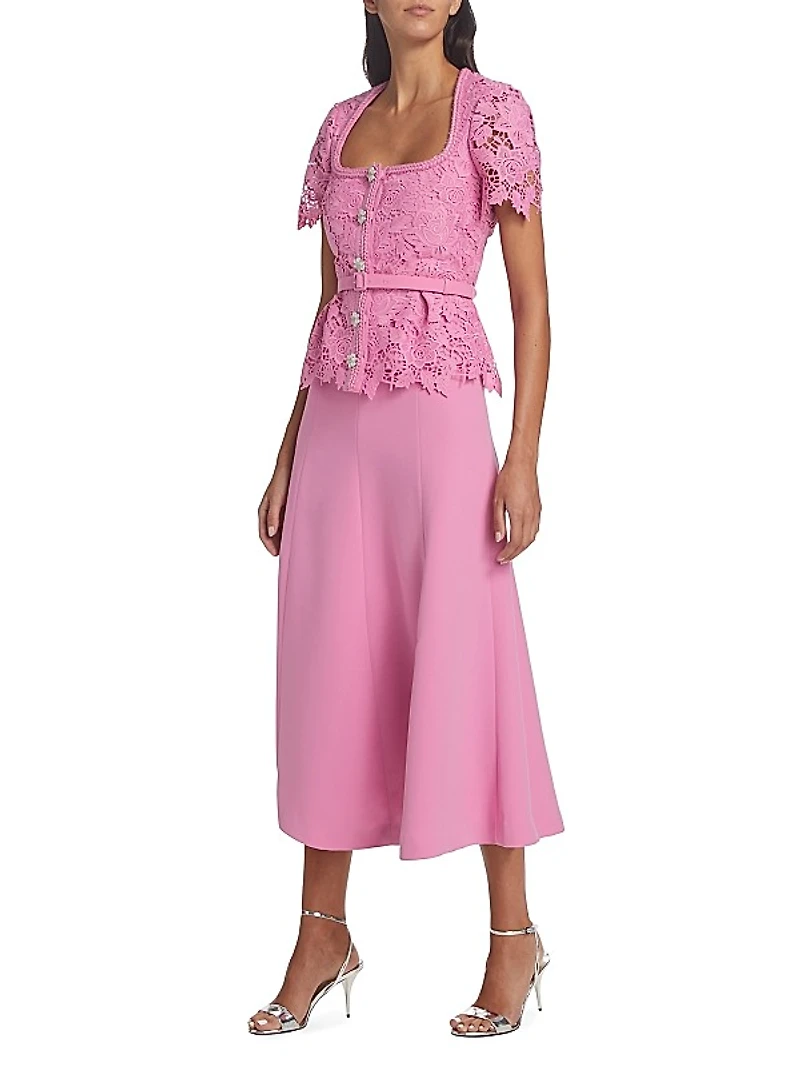 Mixed-Media Lace Midi-Dress