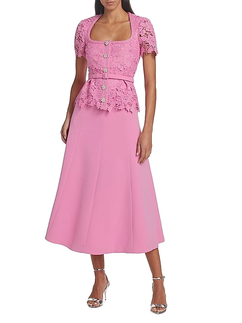 Mixed-Media Lace Midi-Dress