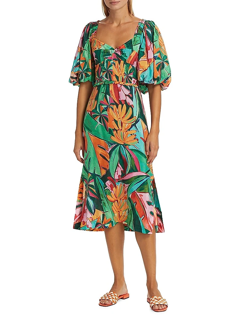 Banana Foliage Puff-Sleeve Cotton Voile Midi-Dress