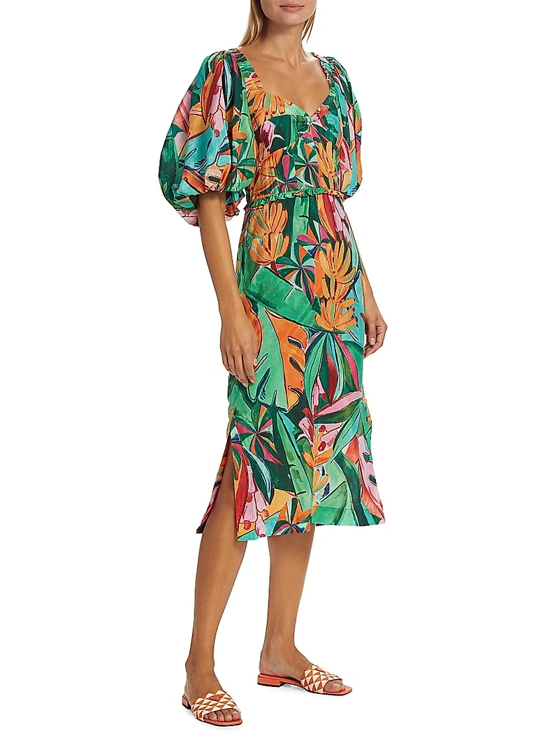 Banana Foliage Puff-Sleeve Cotton Voile Midi-Dress