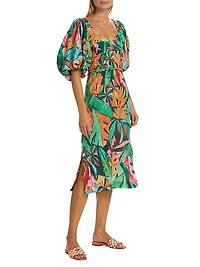 Banana Foliage Puff-Sleeve Cotton Voile Midi-Dress