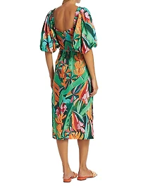 Banana Foliage Puff-Sleeve Cotton Voile Midi-Dress