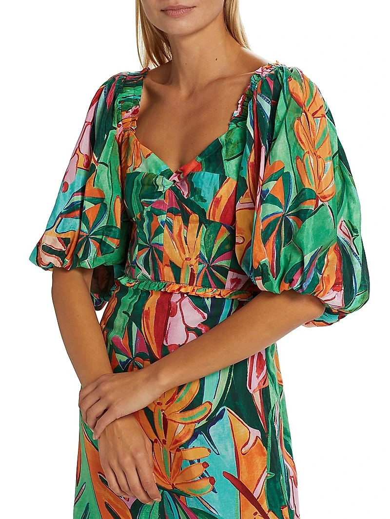 Banana Foliage Puff-Sleeve Cotton Voile Midi-Dress
