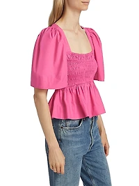 Smocked Cotton Poplin Peplum Blouse