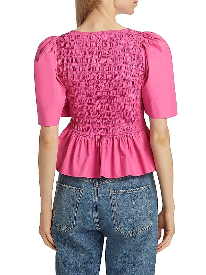 Smocked Cotton Poplin Peplum Blouse