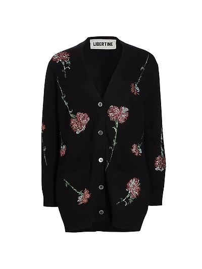 Cecil Beaton Pink Carnation Floral Cashmere Cardigan