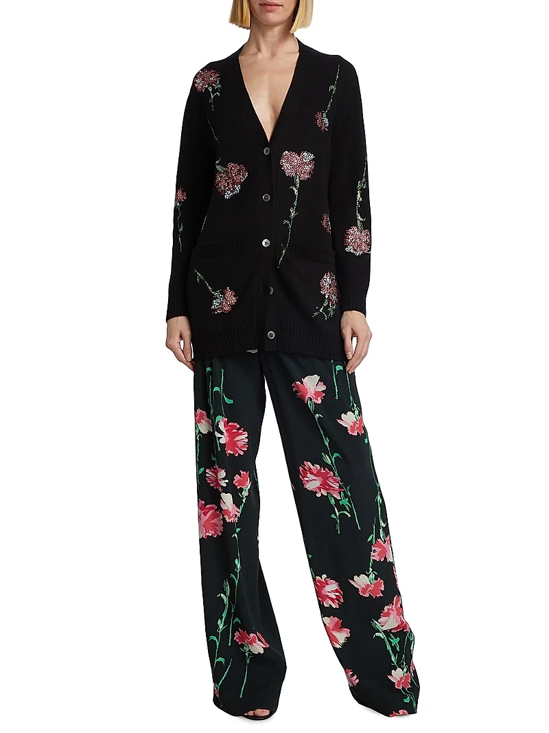 Cecil Beaton Pink Carnation Floral Cashmere Cardigan