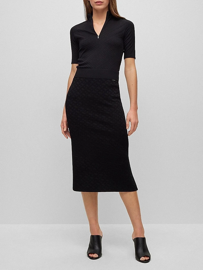 Knitted Jacquard-Pattern Pencil Skirt With Logo Trim