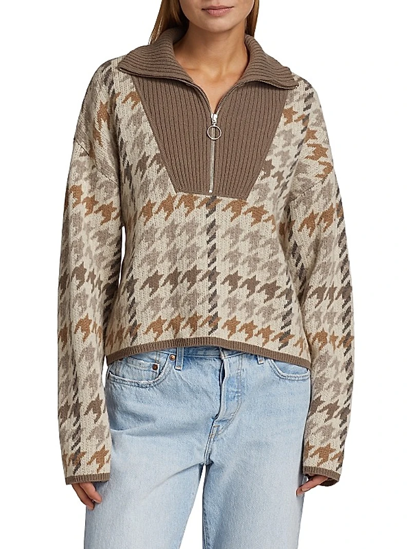 Houndstooth Wool & Cashmere Quarter-Zip Sweater