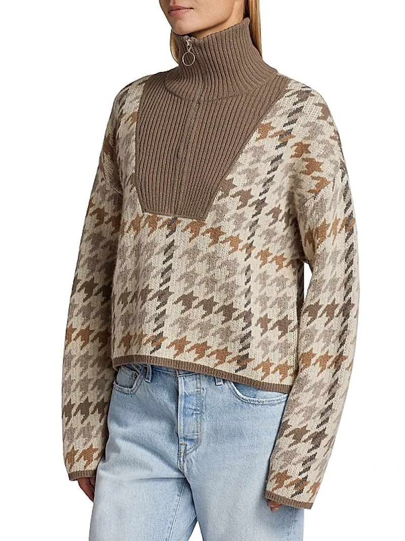 Houndstooth Wool & Cashmere Quarter-Zip Sweater