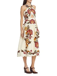 Linen-Blend Cut-Out Midi-Dress