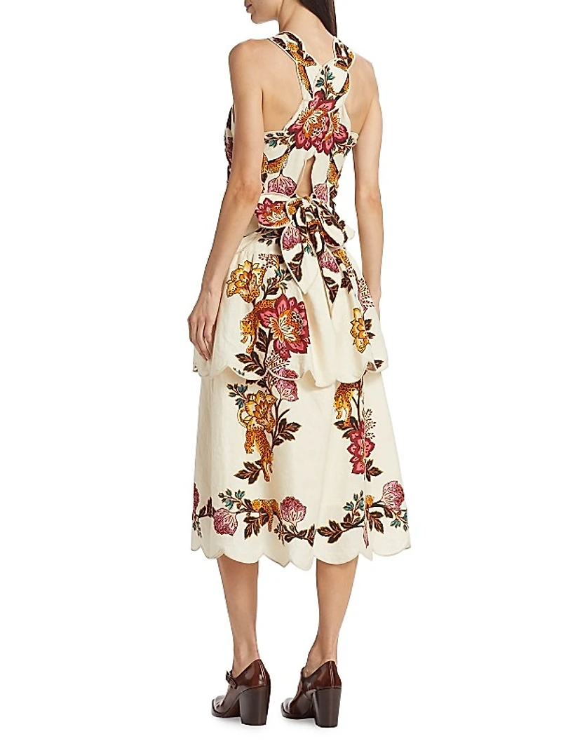 Linen-Blend Cut-Out Midi-Dress