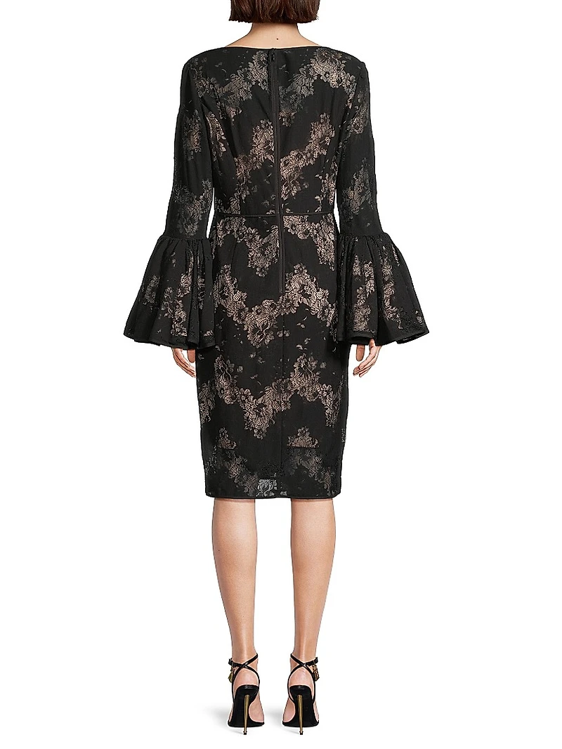 Metallic Lace Bell-Sleeve Sheath Dress