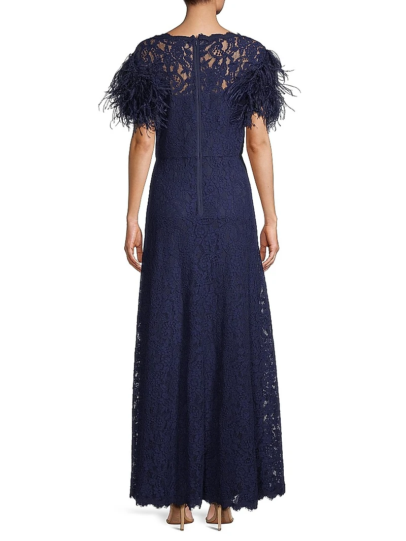 Lace & Feather V-Neck Gown
