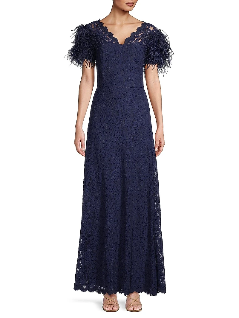 Lace & Feather V-Neck Gown