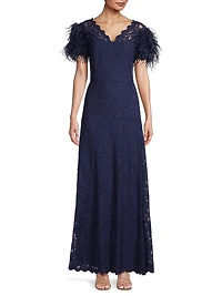 Lace & Feather V-Neck Gown
