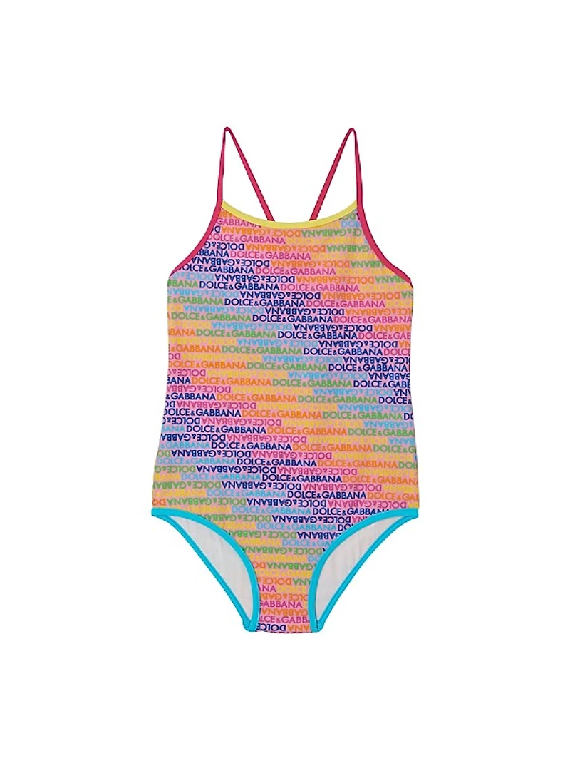 Little Girl's & Girl's Logomania Rainbow Print One-Piece Swimsuit