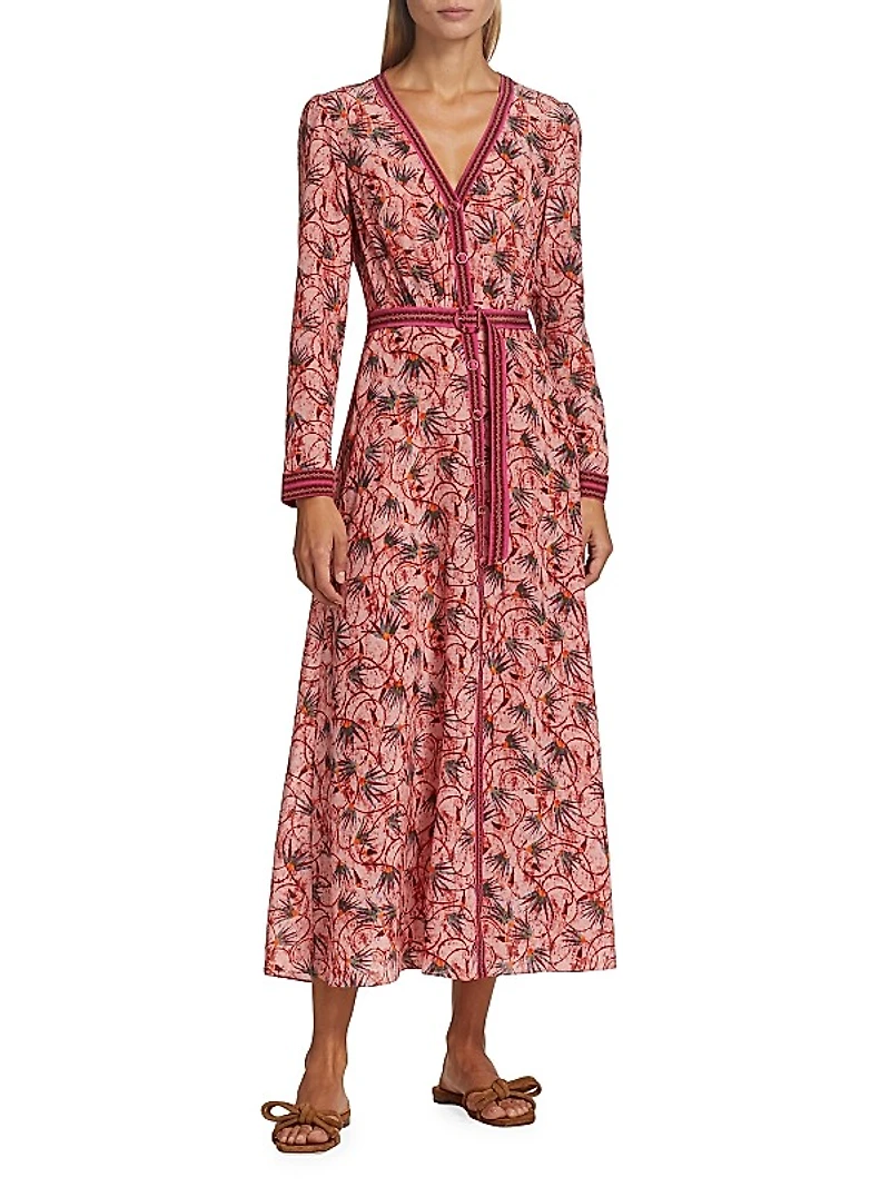 Lea Silk Floral Long-Sleeve Midi Dress