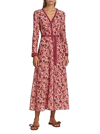 Lea Silk Floral Long-Sleeve Midi Dress