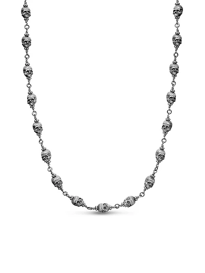 Memento Mori Skull Rosary Necklace Sterling Silver, 9mm