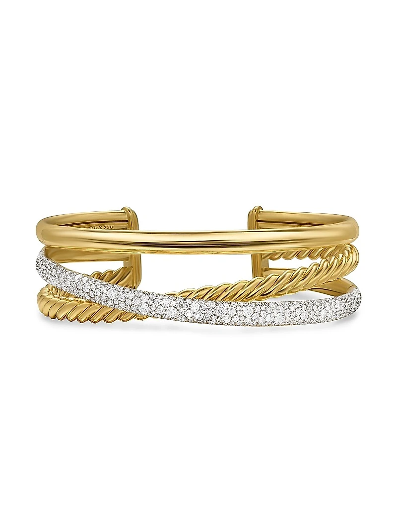 Pavé Crossover Three Row Cuff Bracelet 18K Yellow Gold